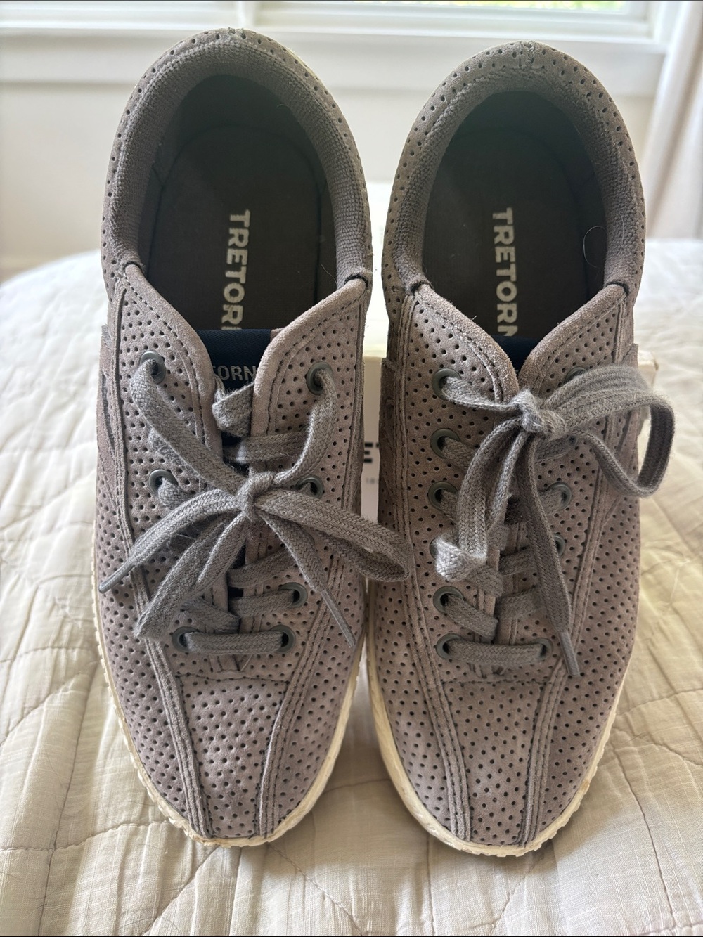 Tretorn Women’s Perforated Taupe Suede Lace-Up Sneakers